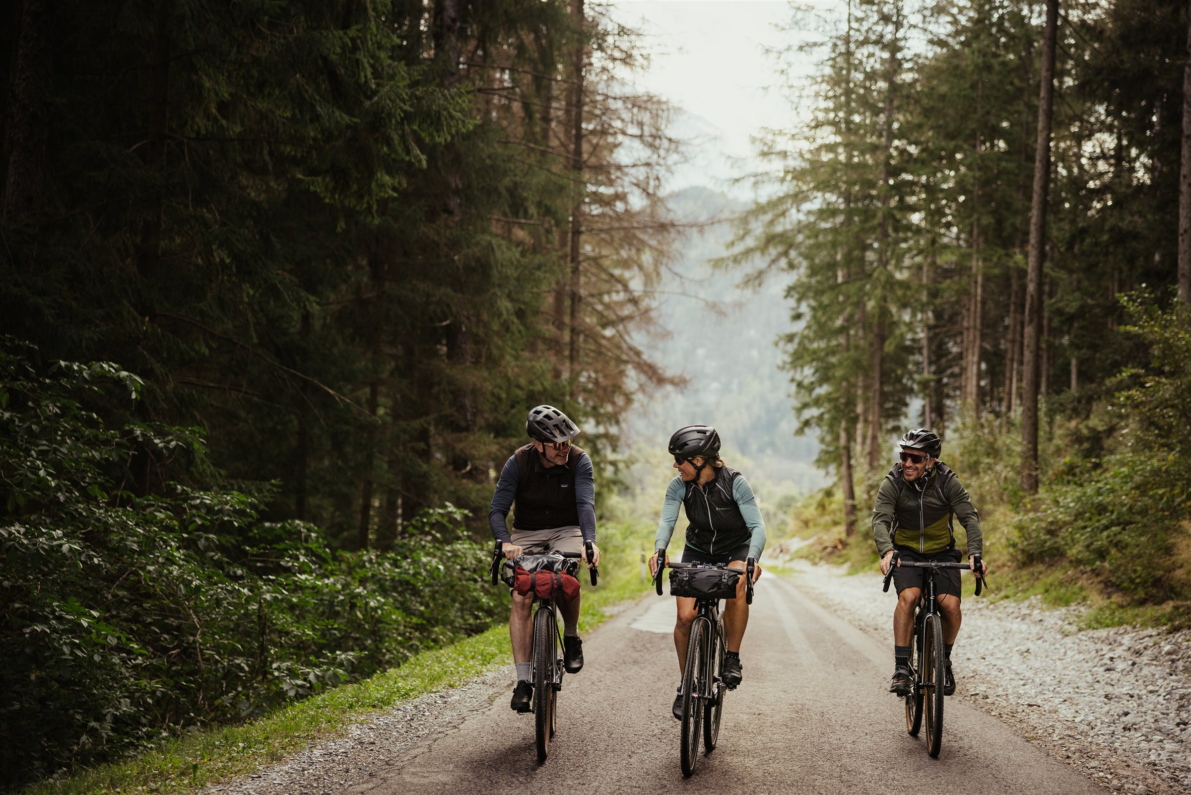 Drei Radfahrer auf einem Waldweg